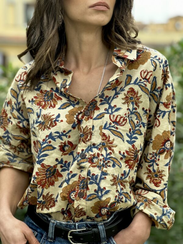 Vintage Floral Handblock Cotton Shirt – Beige & Rust