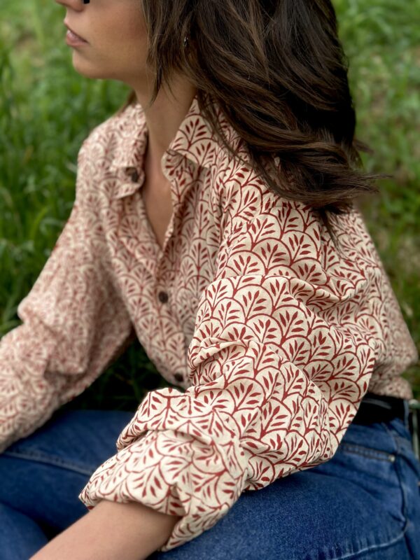 Rust Leaf Block Print Cotton Shirt – Nature Inspired Elegance