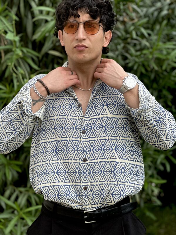 Indigo Tribal Geometry Shirt – Artisan Cotton for Men