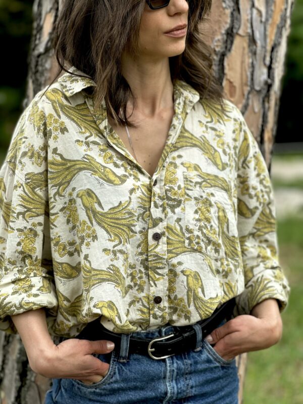 Olive Birdsong Handblock Shirt – Nature’s Melody in Cotton