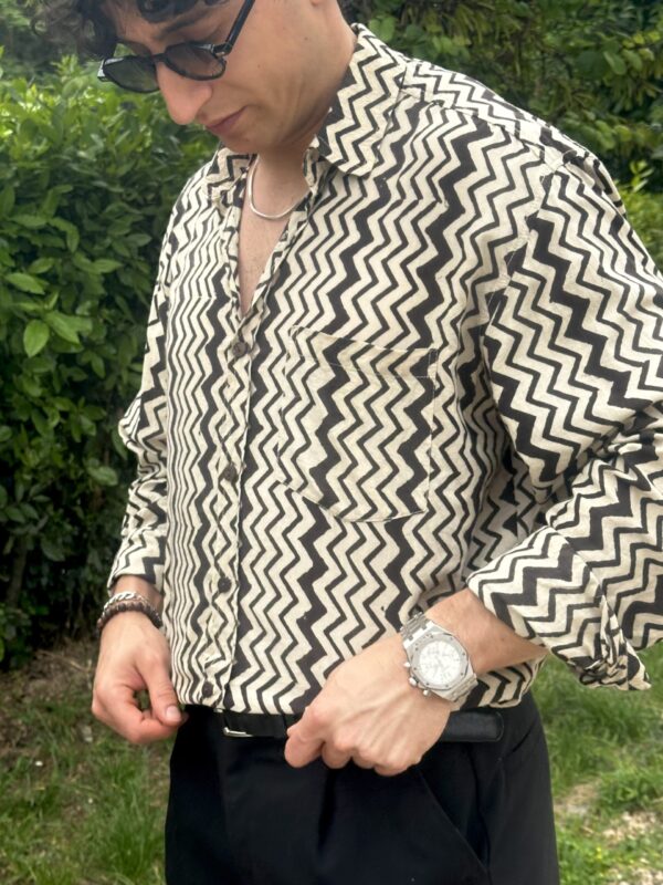 Black Zigzag Handblock Shirt – Bold Monochrome for Men